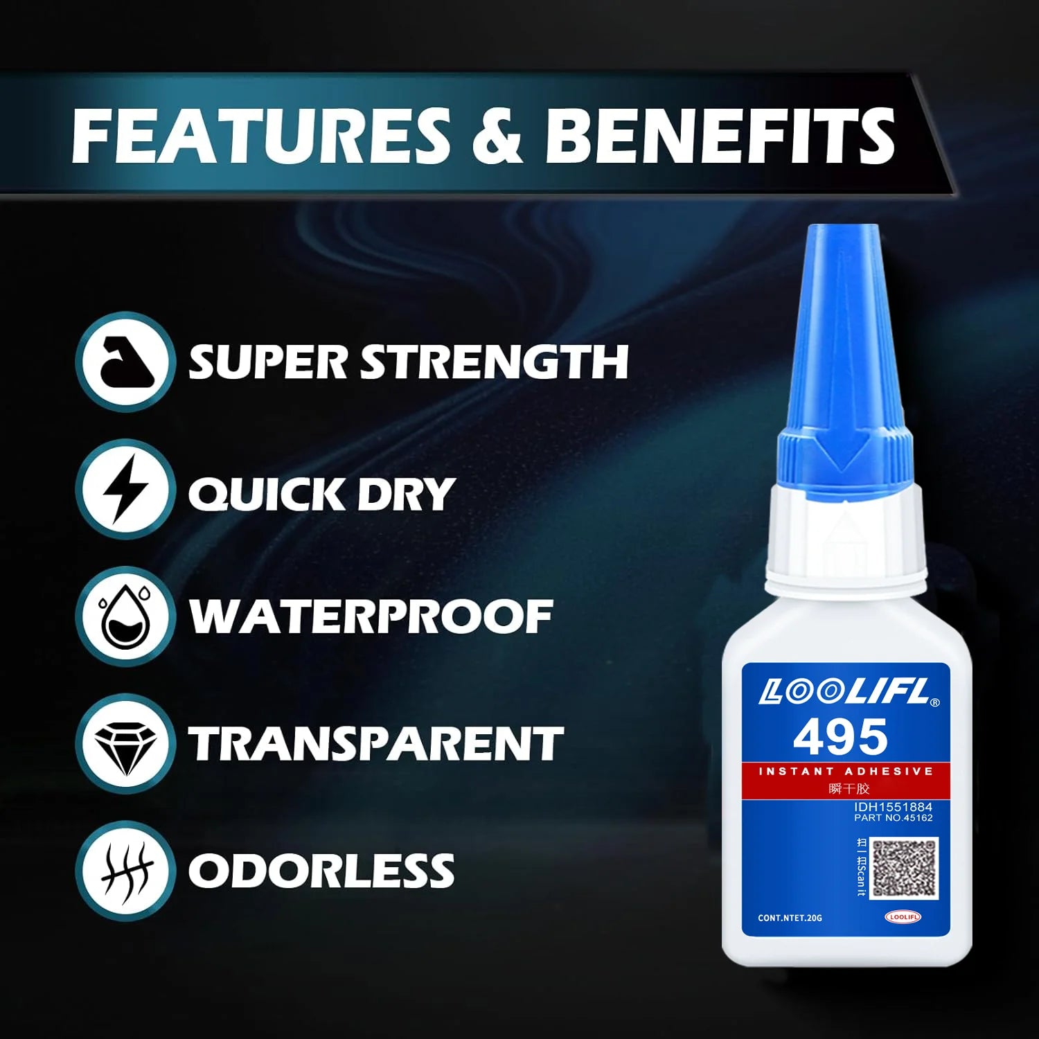 495 super strong glue, transparent and non-yellowing in 5 seconds, waterproof, suitable for metals, ceramics, wood and plastics.