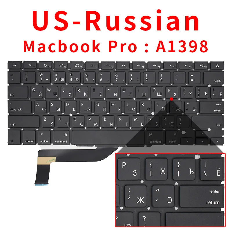 New Laptop Keyboard For Macbook Pro Retina 15" A1398 US UK Russian Spain French 2012 2013 2014 2015