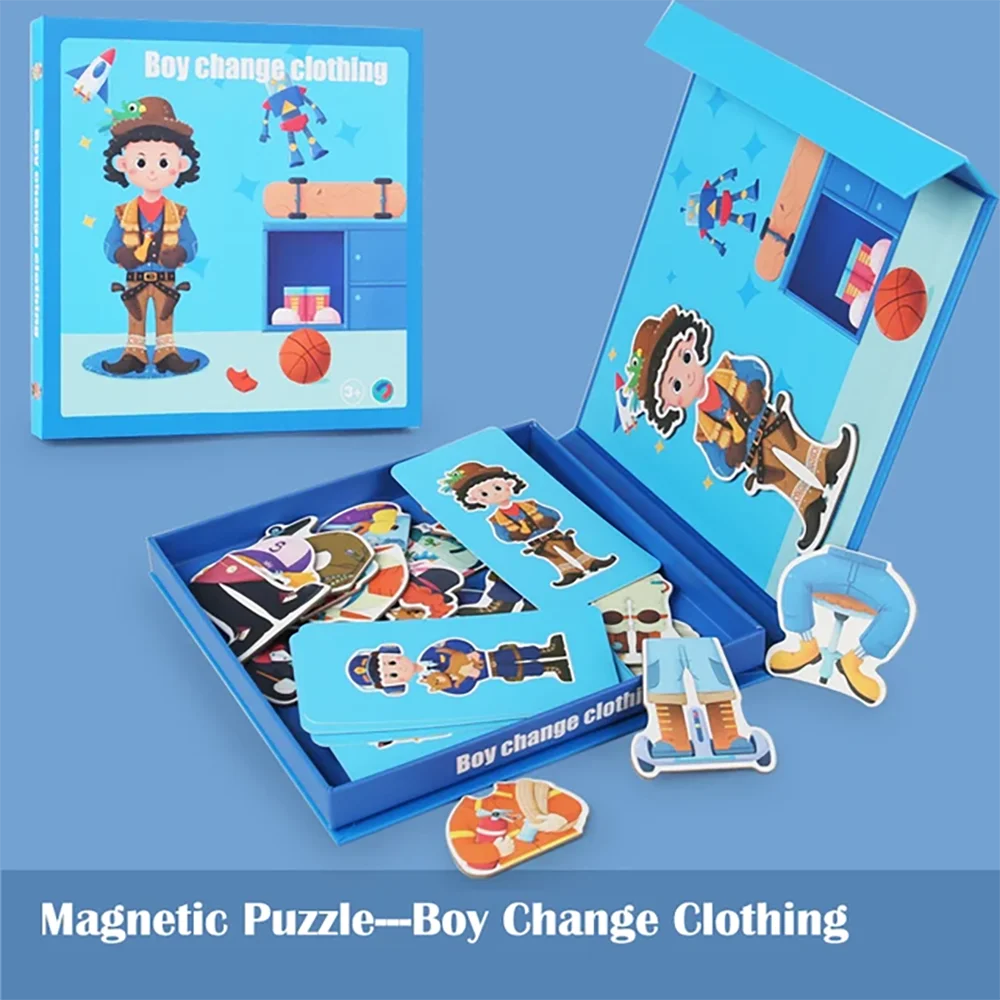 Magnetic Puzzle Boy Face Dress Up Game Book Shaped S.T.E.M. Montessori Toys Learning Educational Gift for Ages 3+