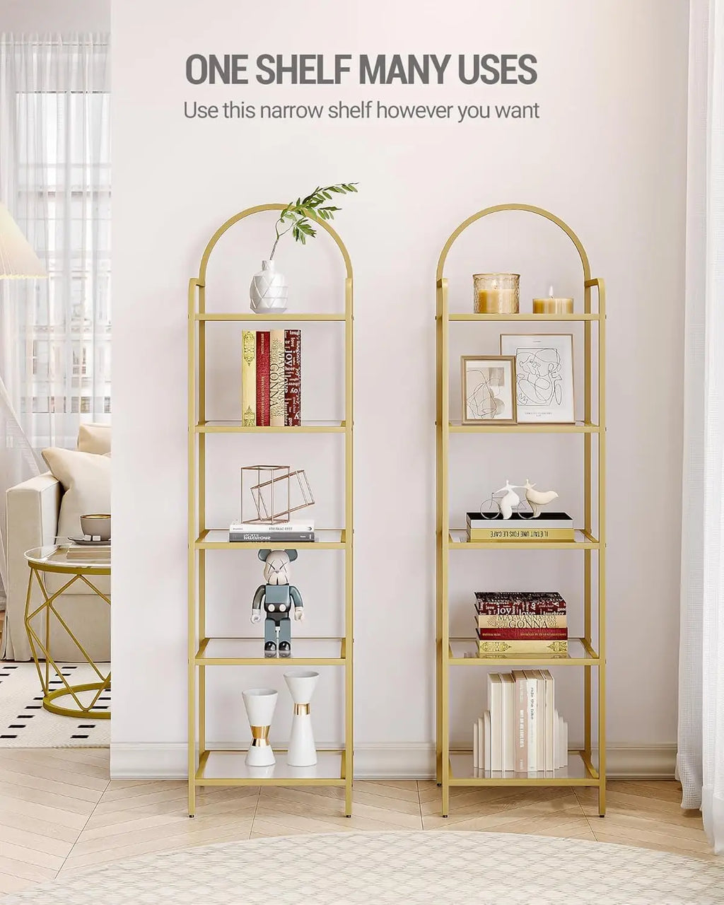 Tempered Glass Bookshelves, Slim Shelving Unit For Bedroom, Bathroom, Home Office, Steel Frame, 5 Tier Gold