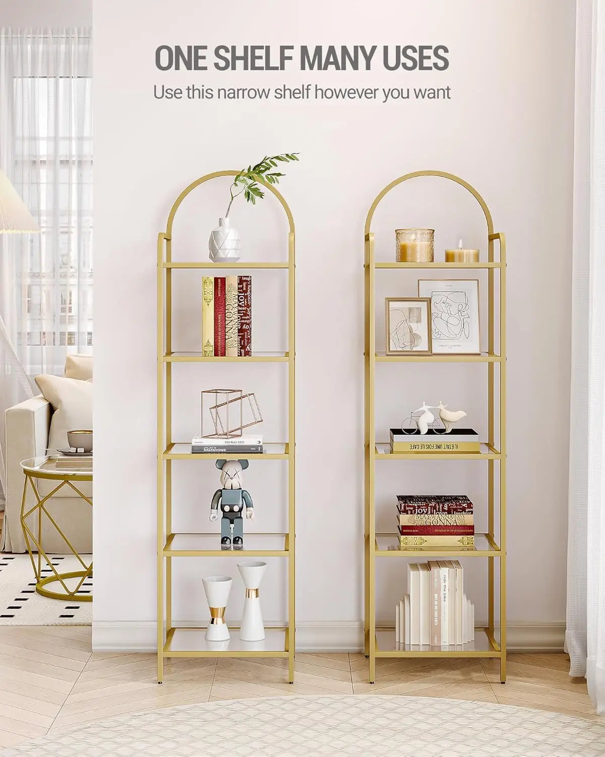 Tempered Glass Bookshelves, Slim Shelving Unit For Bedroom, Bathroom, Home Office, Steel Frame, 5 Tier Gold