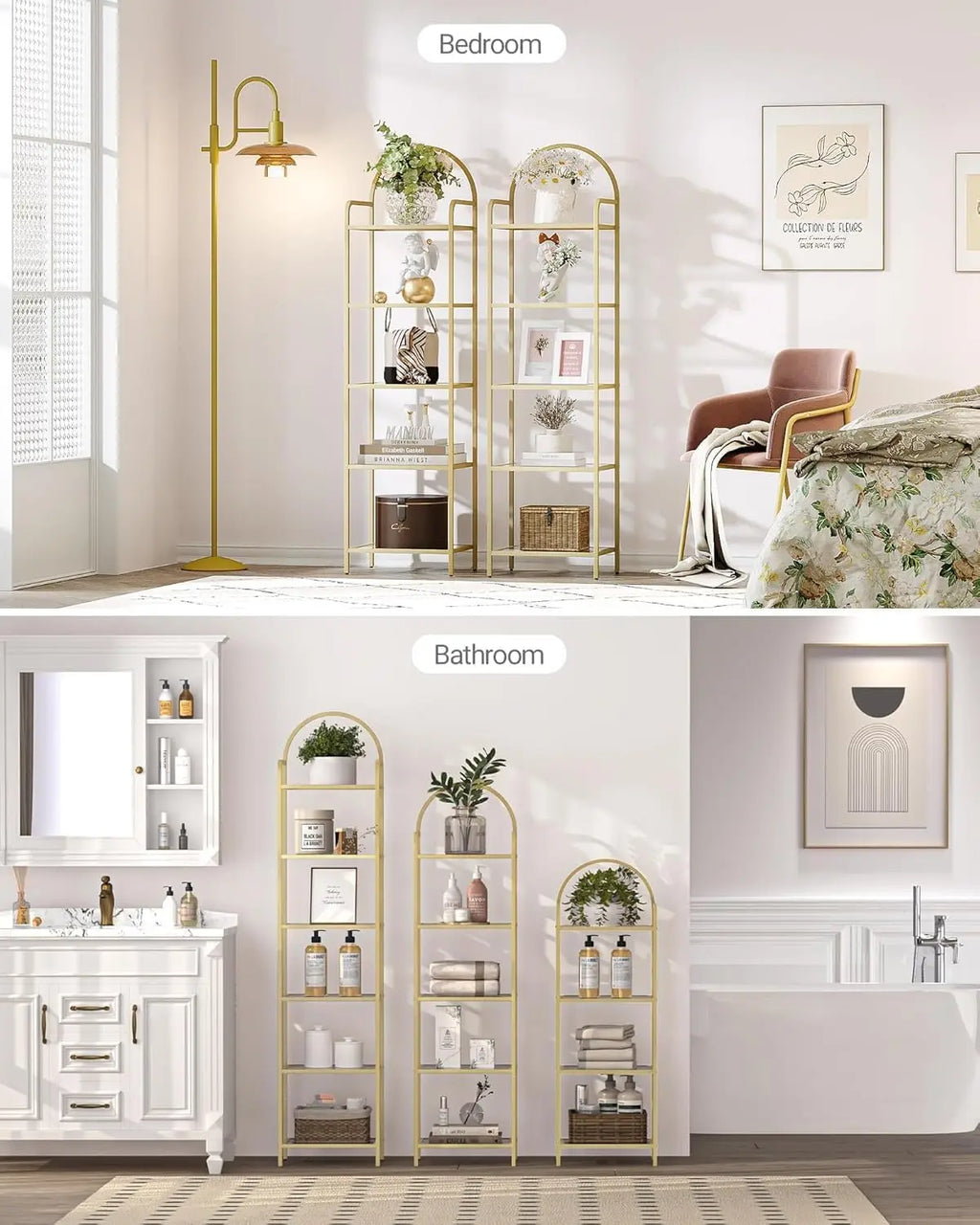 Tempered Glass Bookshelves, Slim Shelving Unit For Bedroom, Bathroom, Home Office, Steel Frame, 5 Tier Gold