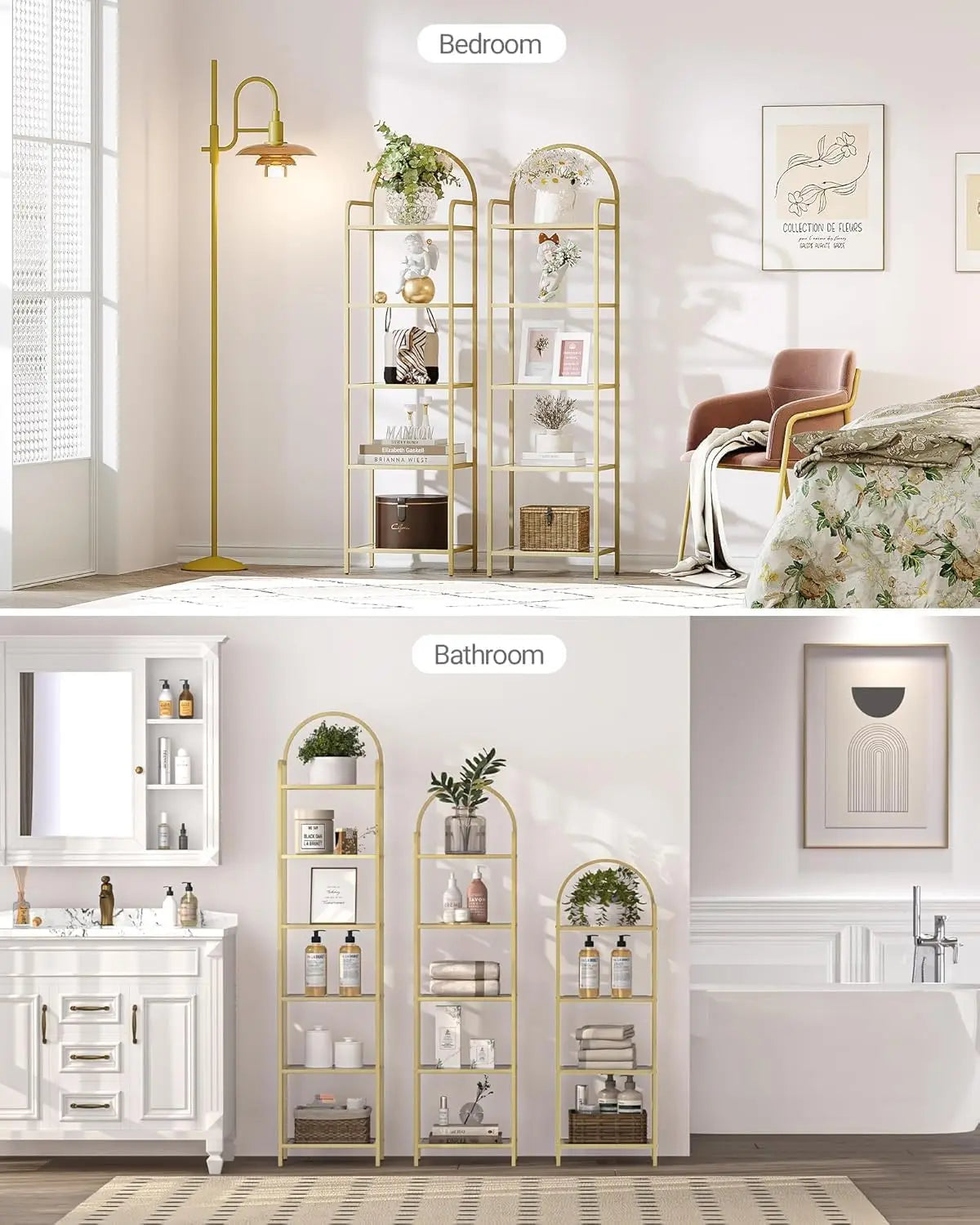 Tempered Glass Bookshelves, Slim Shelving Unit For Bedroom, Bathroom, Home Office, Steel Frame, 5 Tier Gold