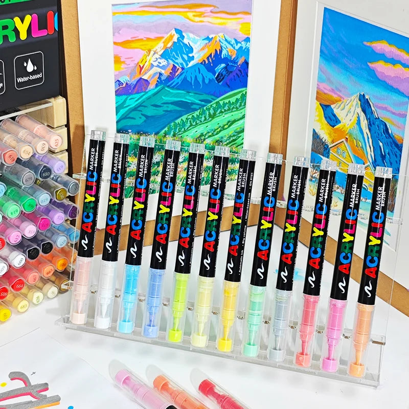 12-120 Colors Waterproof Acrylic Marker Pens with Soft Brush Nib,  Students' Art on Glass, Stone, Metal, Wood, Plastic &Paper