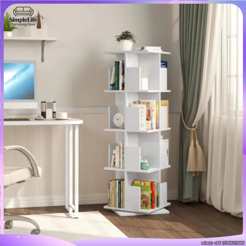 360 Degree Rotating Bookshelf 4 Tier Wooden Bookcase for Kids Office Home Decorative Shelf Storage Organizer