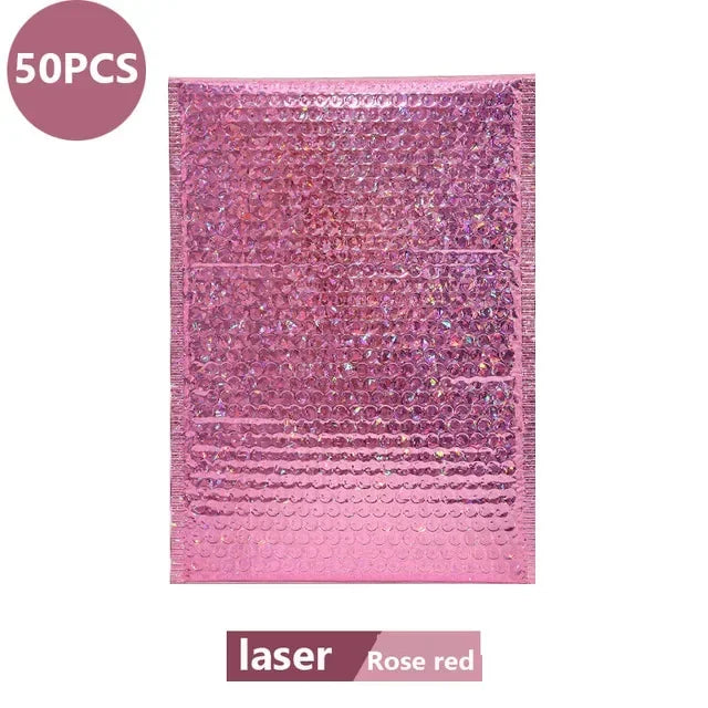 50Pcs Holographic Bubble Mailer Rose Red Mailing Envelope Waterproof Courier Bag Padded Bubble Envelopes Pack Bag for Shipping