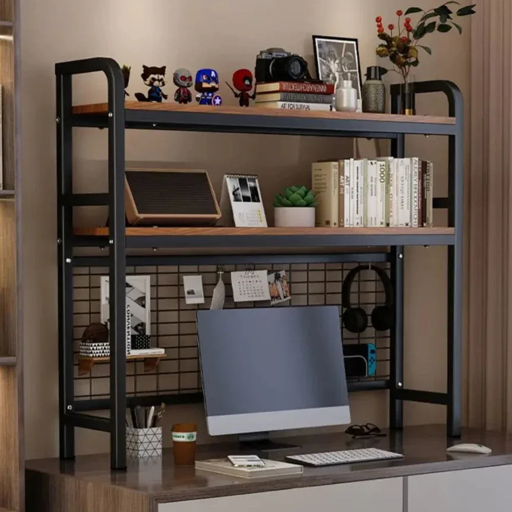 Home Furniture Desktop Multi-Layer Wrought Iron Shelf Bookcase With Grid Bookshelf Table Hole Board Table Wooden Shelves Student