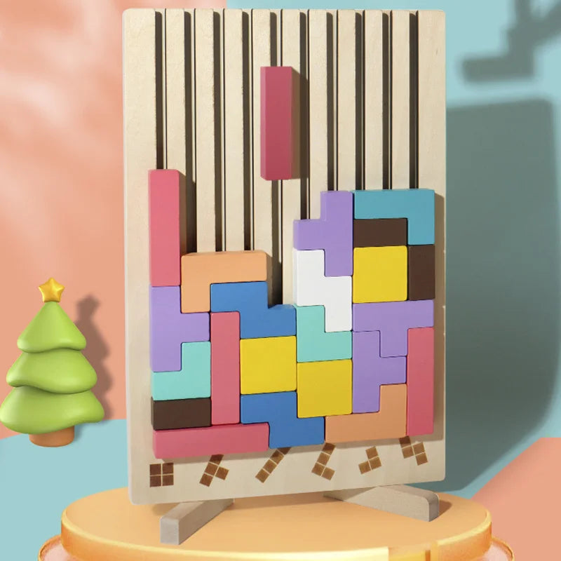 Wooden 3D Russian Blocks Puzzle Brain Teasers Toy Tangram Jigsaw Intelligence Colorful Blocks Montessori Educational