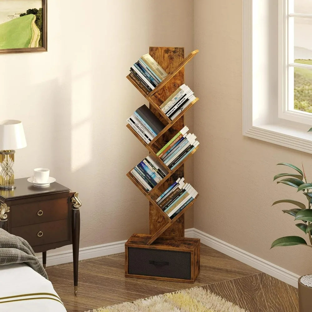 Rolanstar 7 Tier Tree Bookshelf  Drawer Storage Rack Tall Narrow Standing Bookcase for CDs Movies Books Living Room Rustic Brown