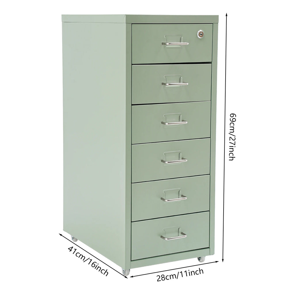 Metal File Cabinet, 6-Tier File Organizer with Lock&Wheels, Light Green, Office Storage Cabinet for Documents, Crafts
