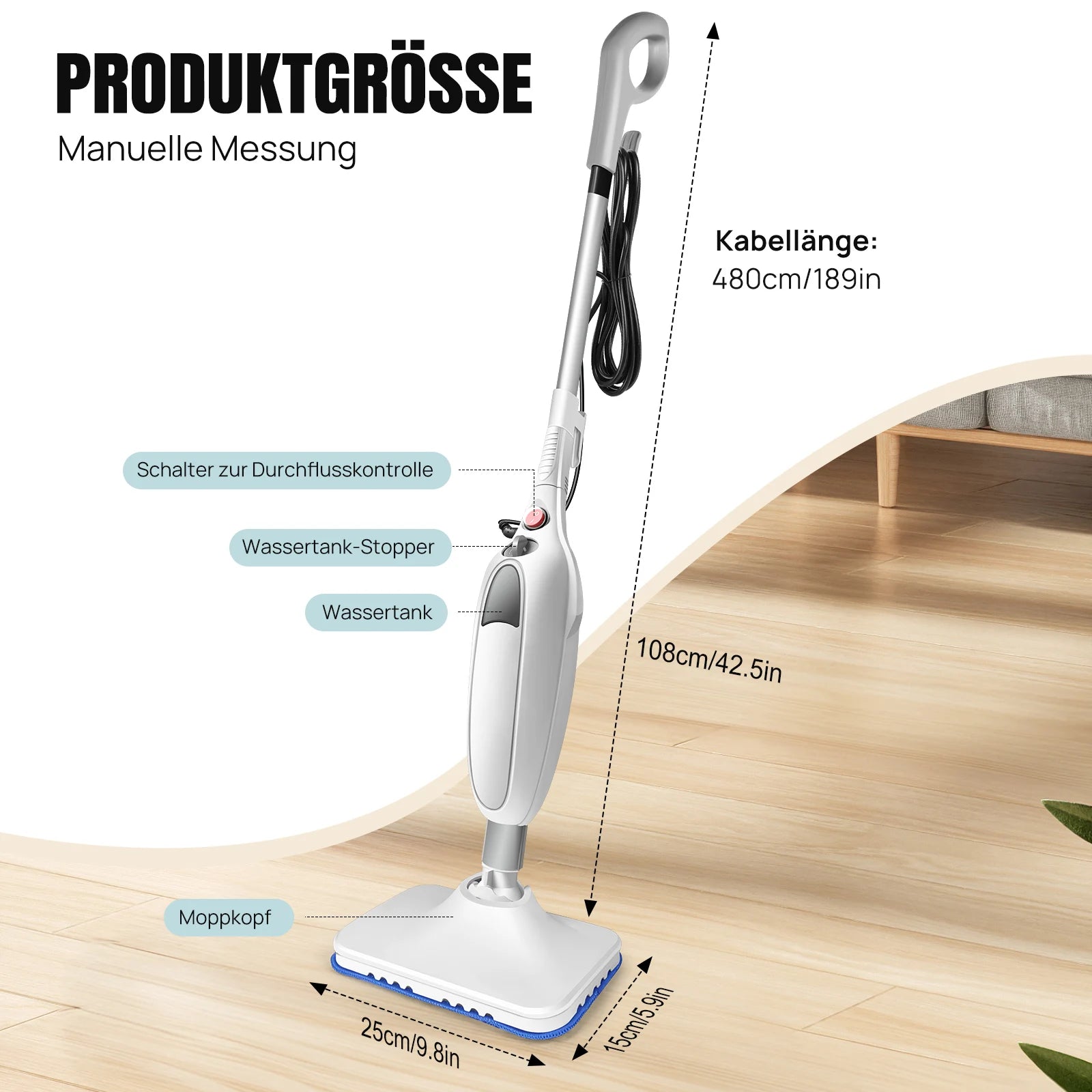 1500 W electric hot steam mop, versatile hand steam cleaner with 2 washable microfiber cloths