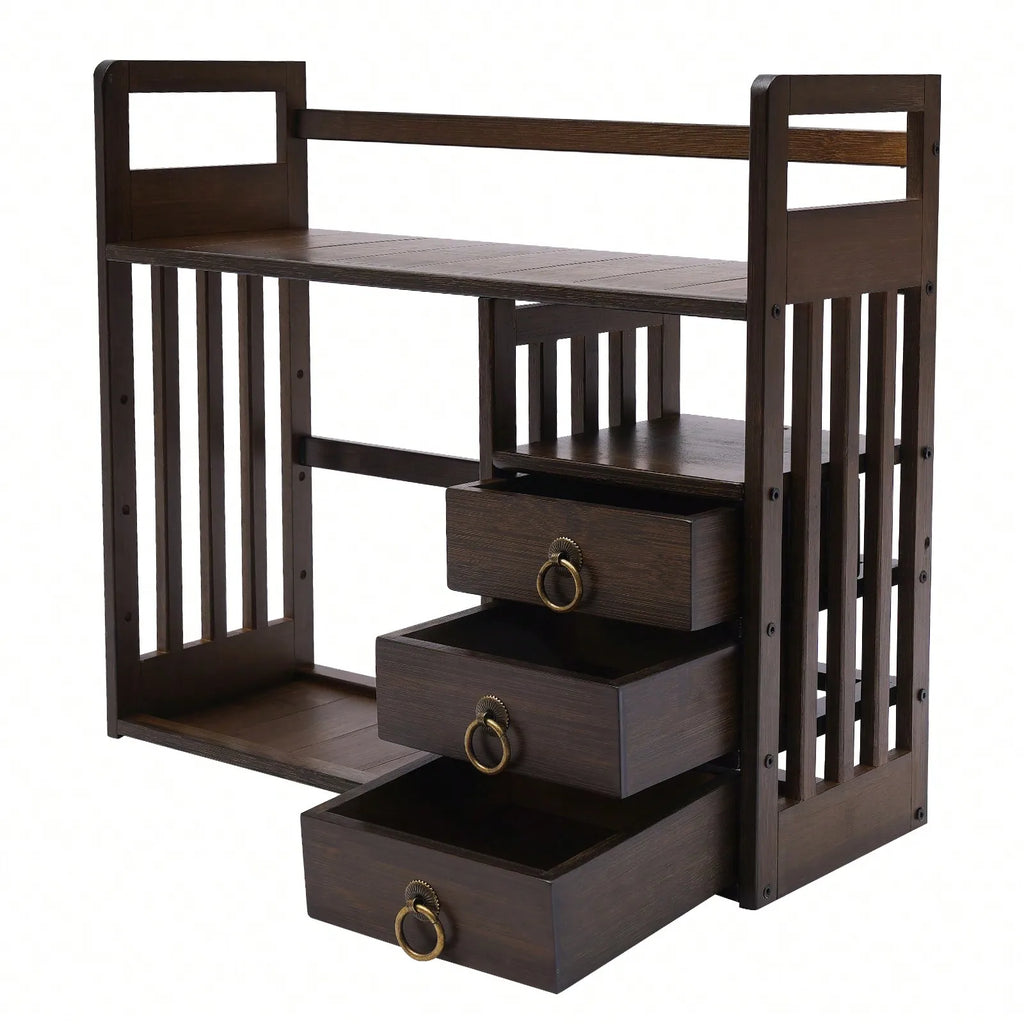 Bamboo Desktop Bookshelf Display Shelf Bookcase Home Office Supplies Desk With 3 Drawers