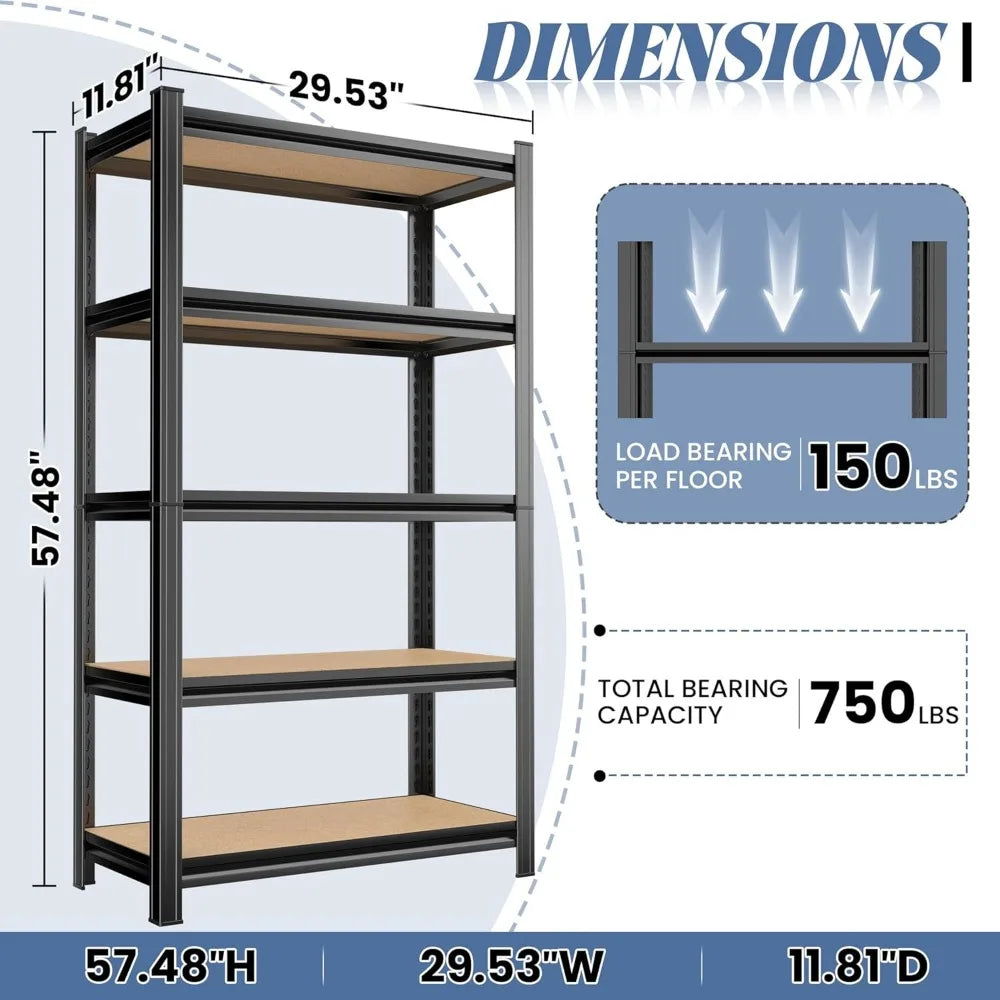 Five Shelf Metal Shelving Bookcase, 11.81 “D x 29.53 ”W x 57.48 H Office Study Storage Shelf Modern Minimalist Style File Rack A