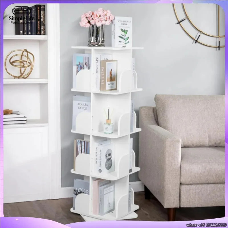 360 Degree Rotating Bookshelf 4 Tier Wooden Bookcase for Kids Office Home Decorative Shelf Storage Organizer