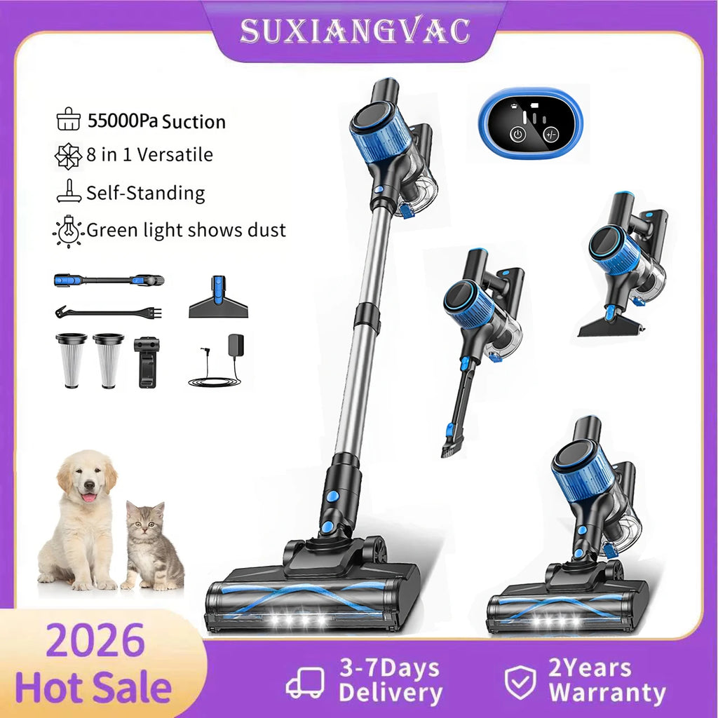 Cordless Vacuum Cleaner，55Kpa/45Mins/8 in 1 Powerful Suction,Self-Standing, 3 Suction Modes, Vacuum for Floor Carpet Pet Hair