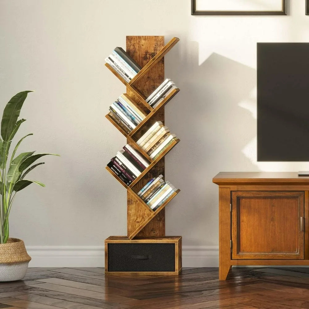 Rolanstar 7 Tier Tree Bookshelf  Drawer Storage Rack Tall Narrow Standing Bookcase for CDs Movies Books Living Room Rustic Brown