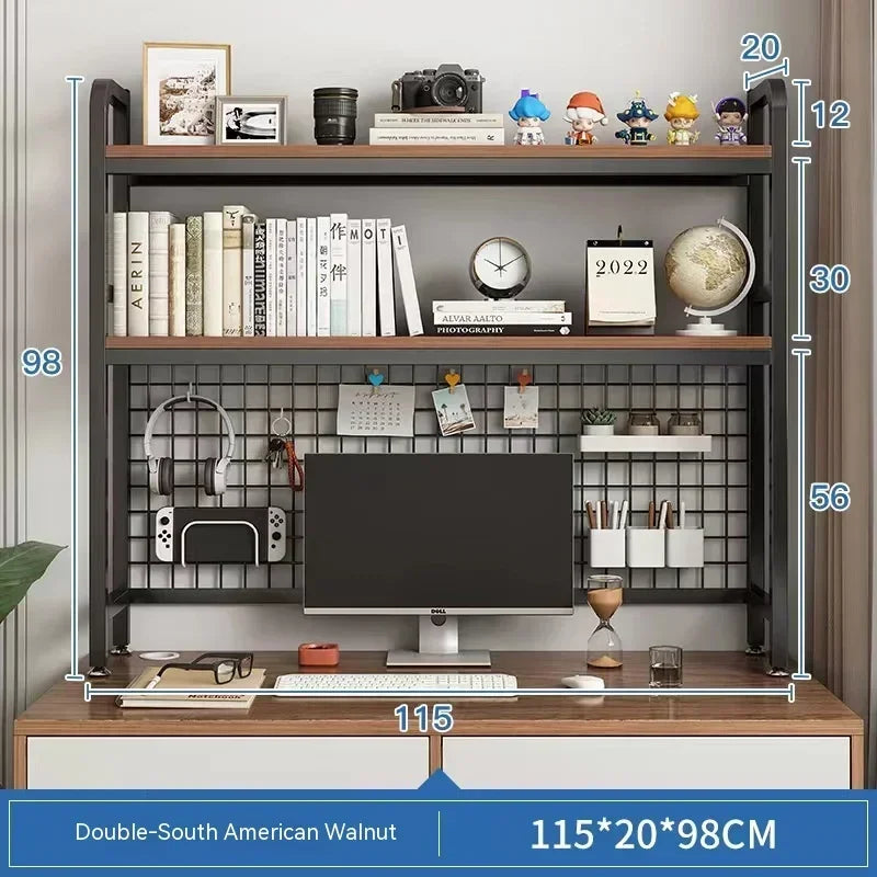 Home Furniture Desktop Multi-Layer Wrought Iron Shelf Bookcase With Grid Bookshelf Table Hole Board Table Wooden Shelves Student