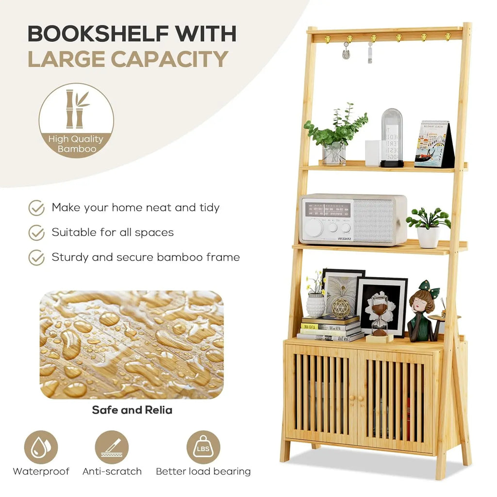 4-Tier Bamboo Bookcase with Drawers & Hooks Narrow Ladder Shelf 24.8x10.6x59.5in Storage Organizer Home Office, Customized