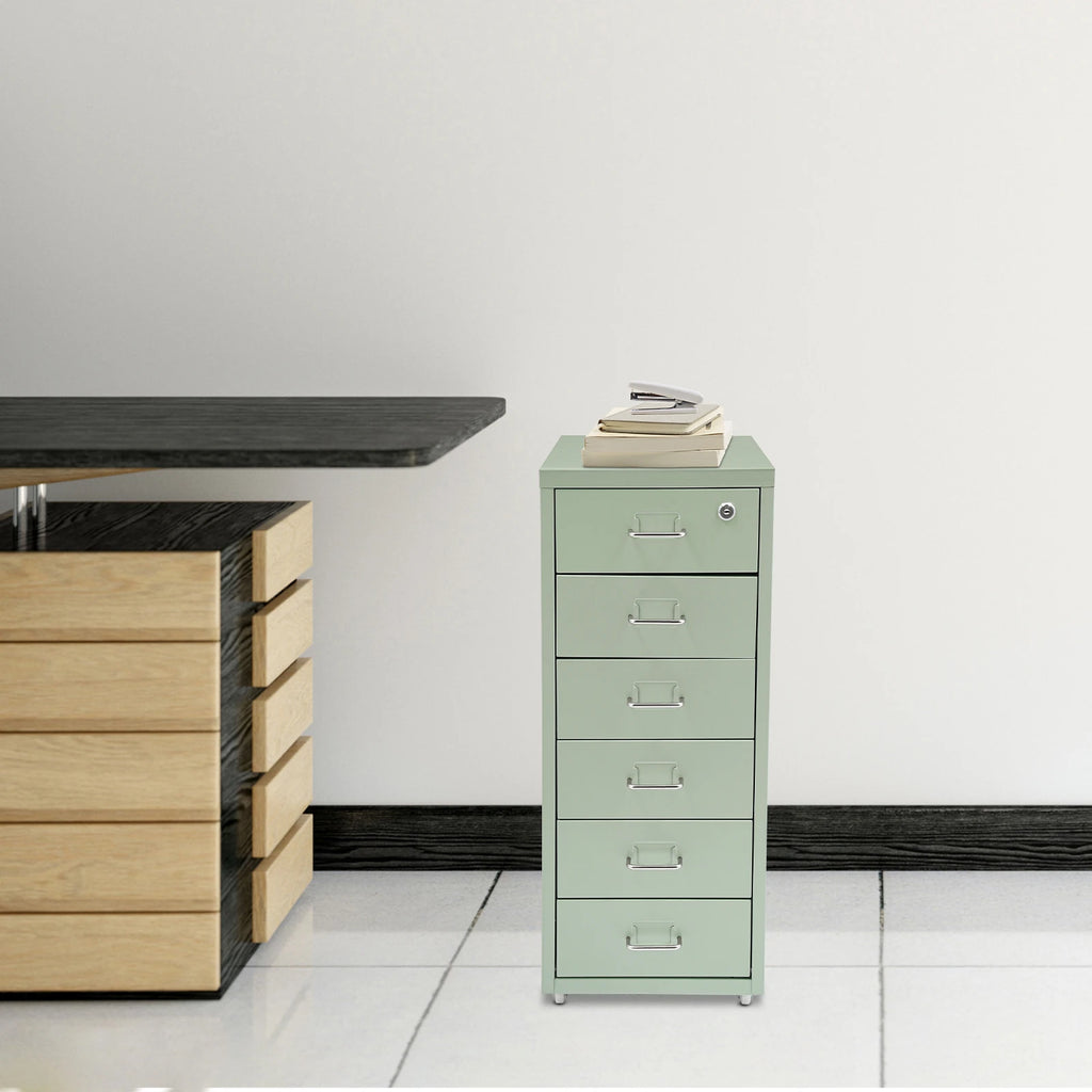 Metal File Cabinet, 6-Tier File Organizer with Lock&Wheels, Light Green, Office Storage Cabinet for Documents, Crafts