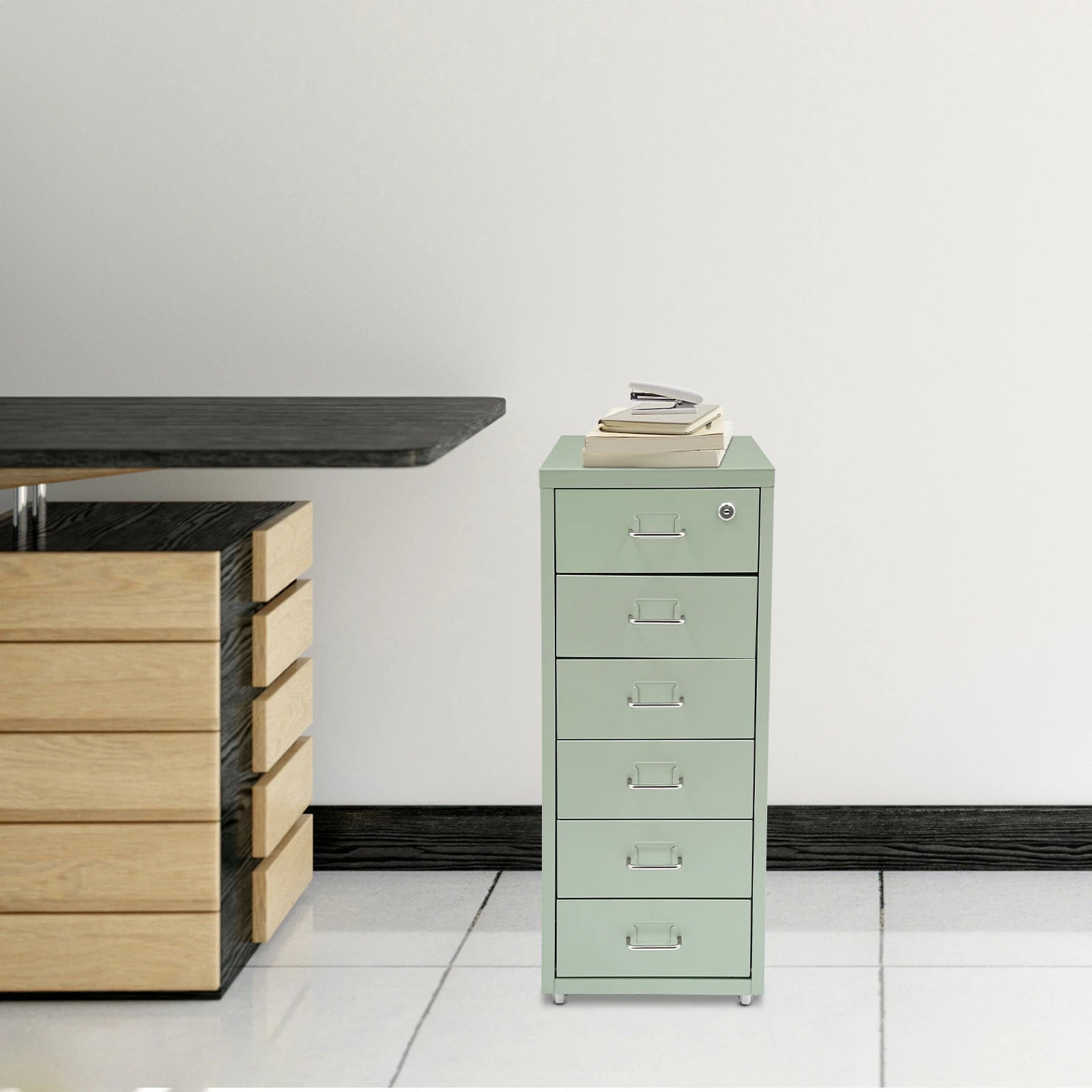 Metal File Cabinet, 6-Tier File Organizer with Lock&Wheels, Light Green, Office Storage Cabinet for Documents, Crafts