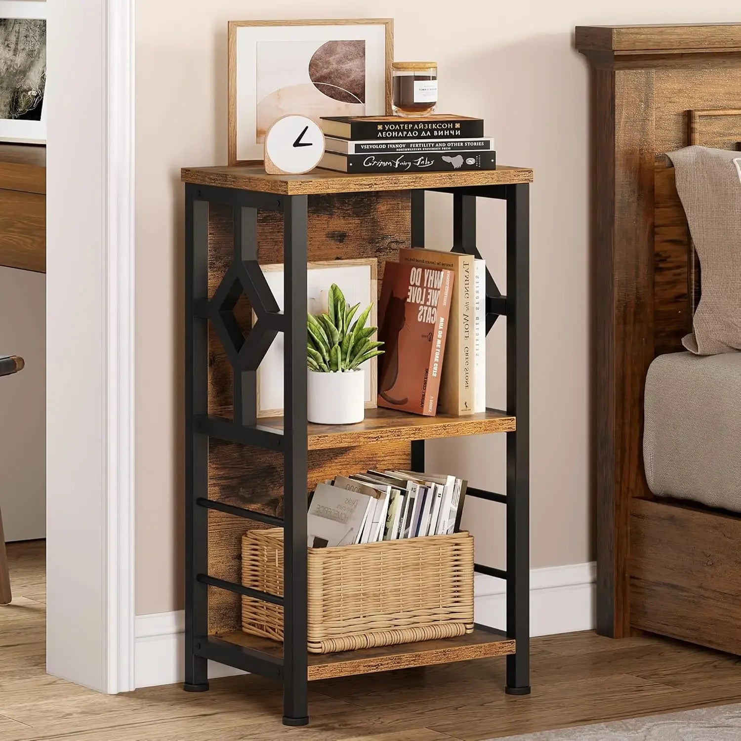 -Small Bookshelf, 3 Tier Farmhouse Bookshelf With Storage,Short Bookshelf For Small Spaces,Mini Shelf Stand,Open Bookcase