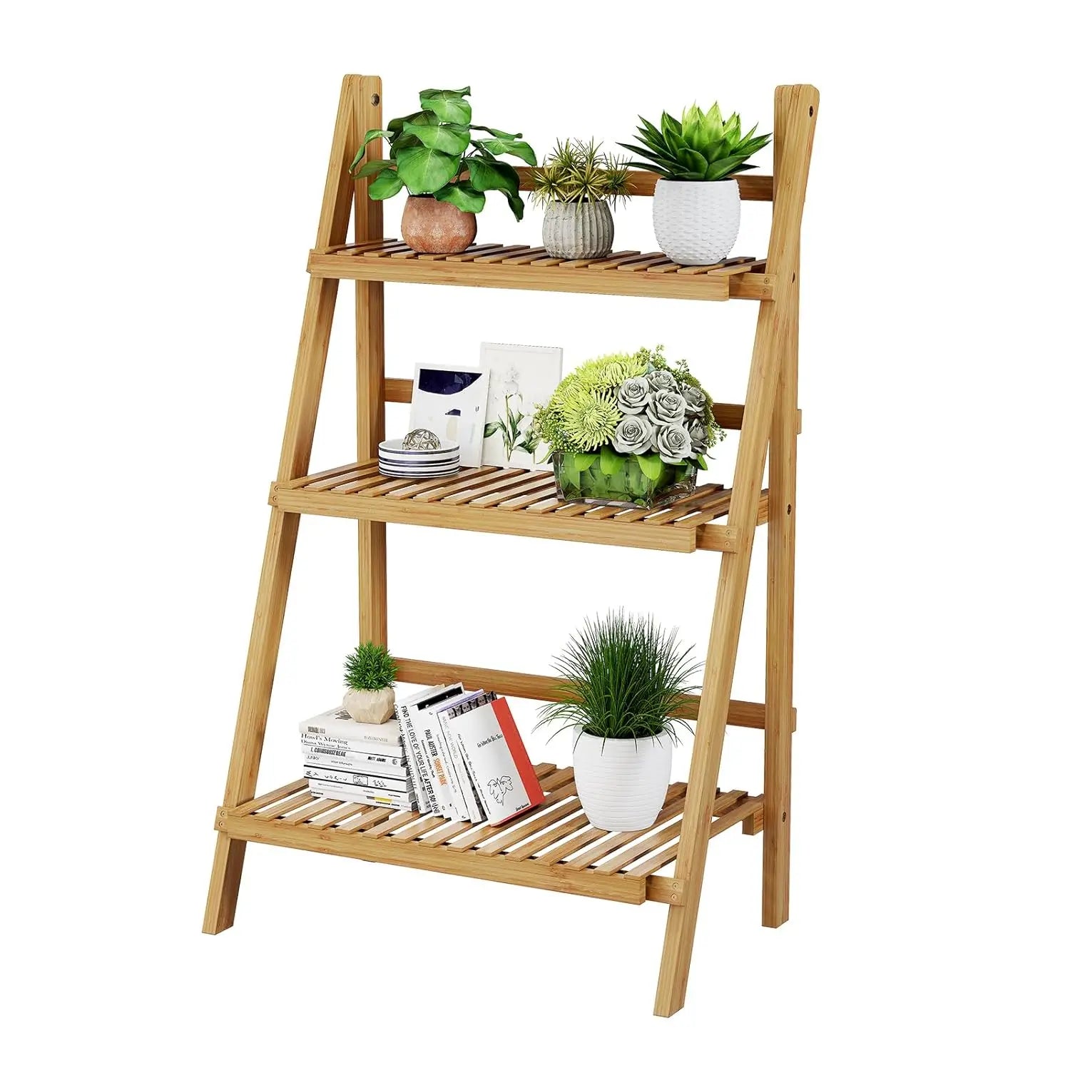 4-Tier Bamboo Bookcase with Drawers & Hooks Narrow Ladder Shelf 24.8x10.6x59.5in Storage Organizer Home Office, Customized