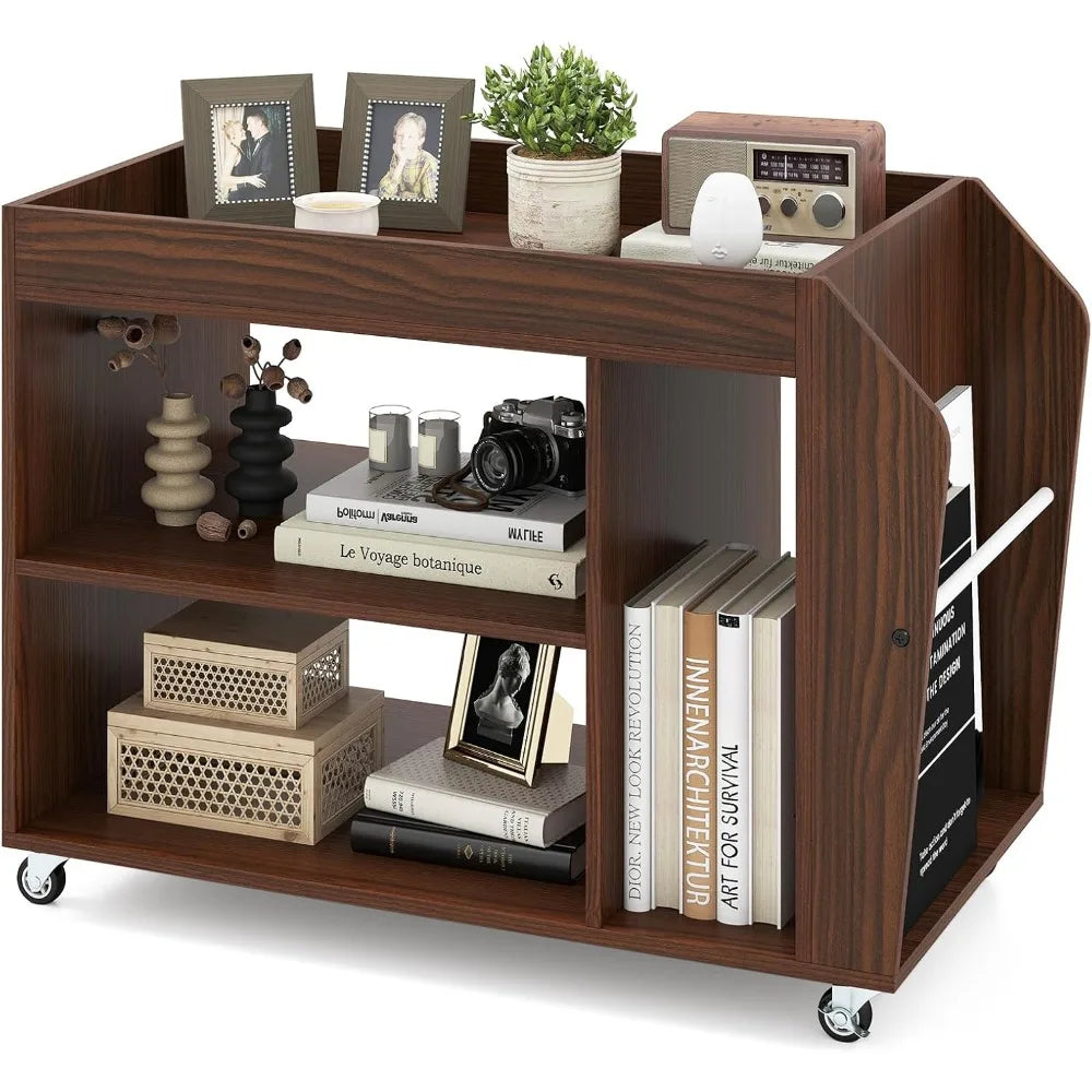 Rolling End Table with Storage, 3-Tier Side Table with Magazine Rack & Open Shelves, 4 Universal Wheels, Farmhouse Mobil