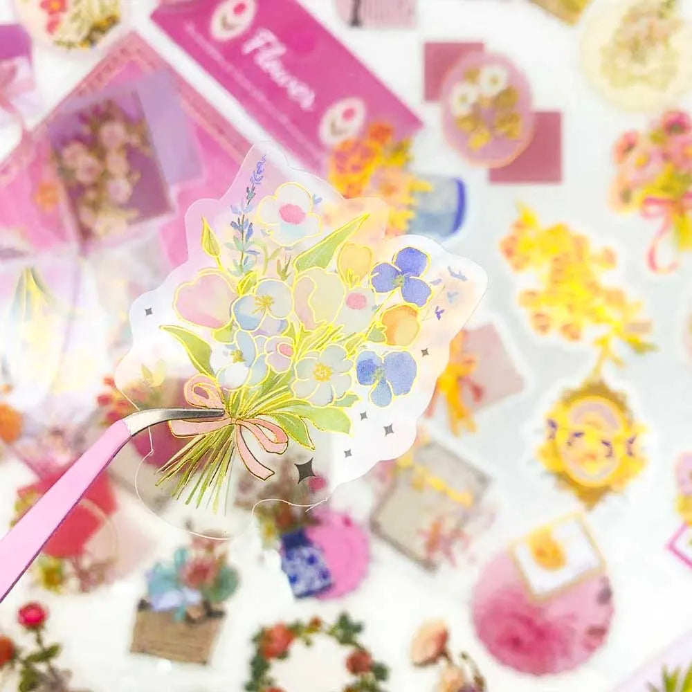 50pcs Gold Stamping Flower Transparent PET Stickers Decals For Phone Scrapbook Luggage Helmet DIY Cartoon Aesthetic Stickers