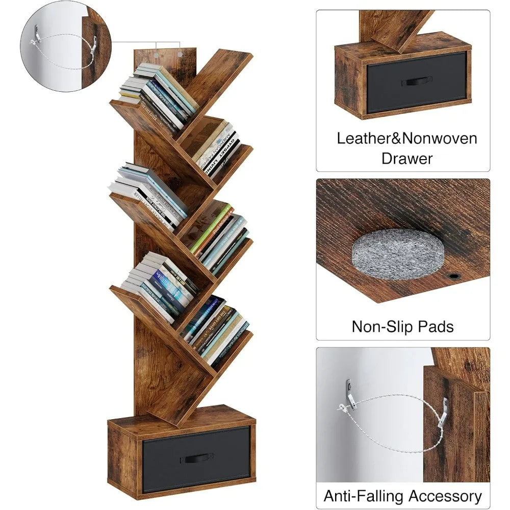 Rolanstar 7 Tier Tree Bookshelf  Drawer Storage Rack Tall Narrow Standing Bookcase for CDs Movies Books Living Room Rustic Brown