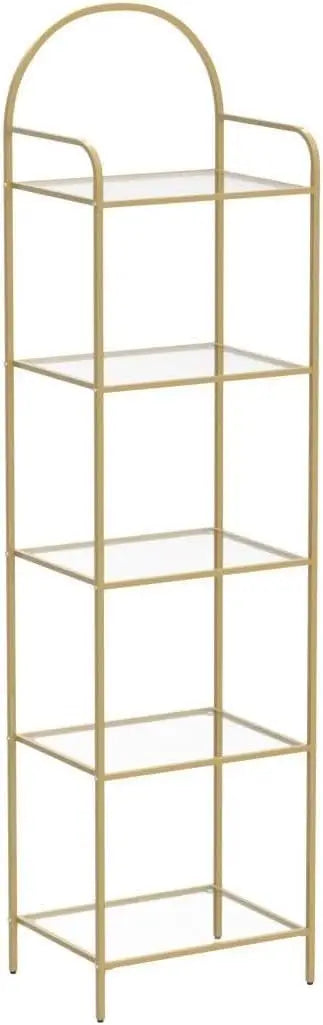 Tempered Glass Bookshelves, Slim Shelving Unit For Bedroom, Bathroom, Home Office, Steel Frame, 5 Tier Gold