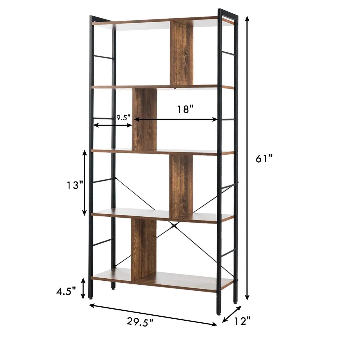 5 Tier Industrial Bookshelf Metal Frame Display Shelves Home Office Storage Rack Wood Unit, Customized