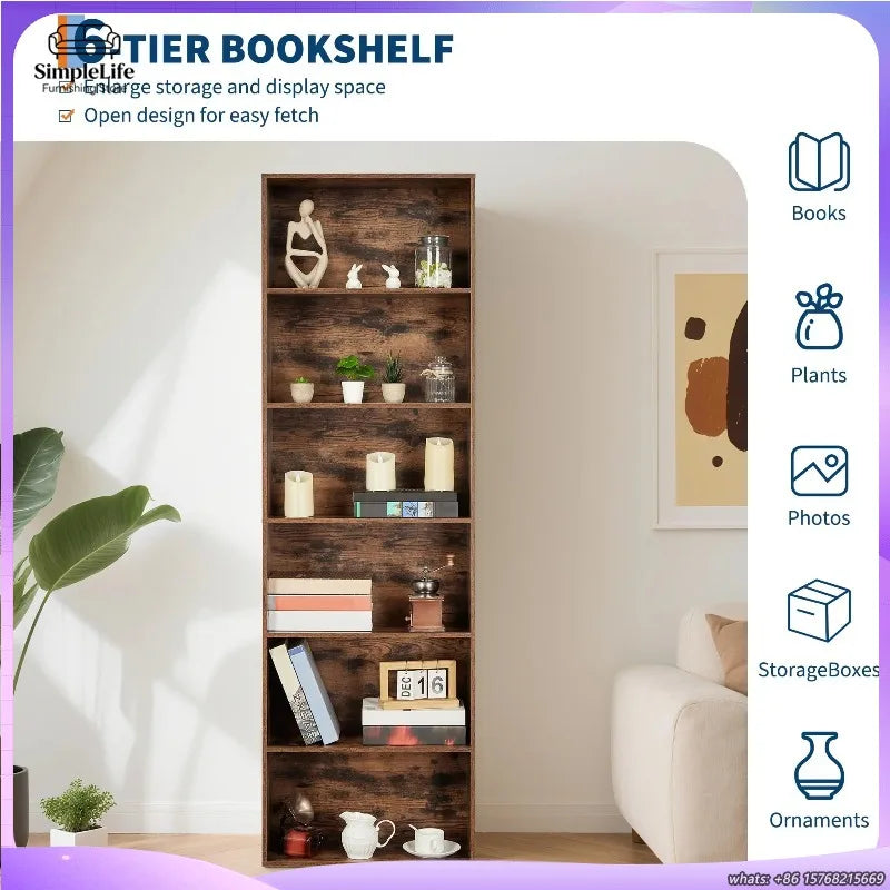 6 Shelf Tall Bookcase 71.4 Inch Wood Bookshelf Industrial Rustic Style Home Office Storage Organizer Sturdy 6 Tier Shelving