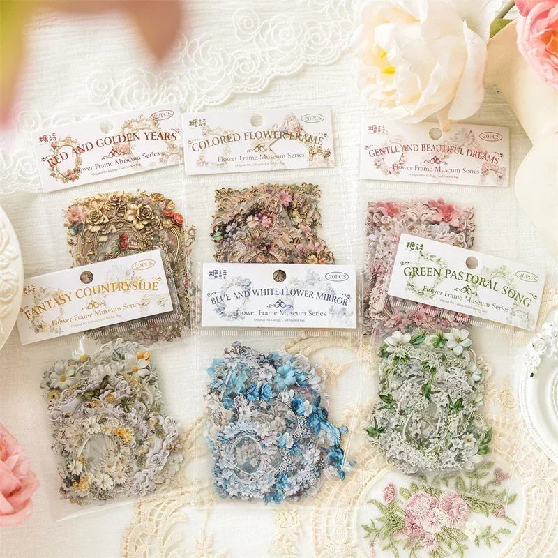 20pcs PET Scrapbooking PET Materials Art  Journal Stickers for Decor Sticker Junk Stationery150*100MM Flowers Frame Collage