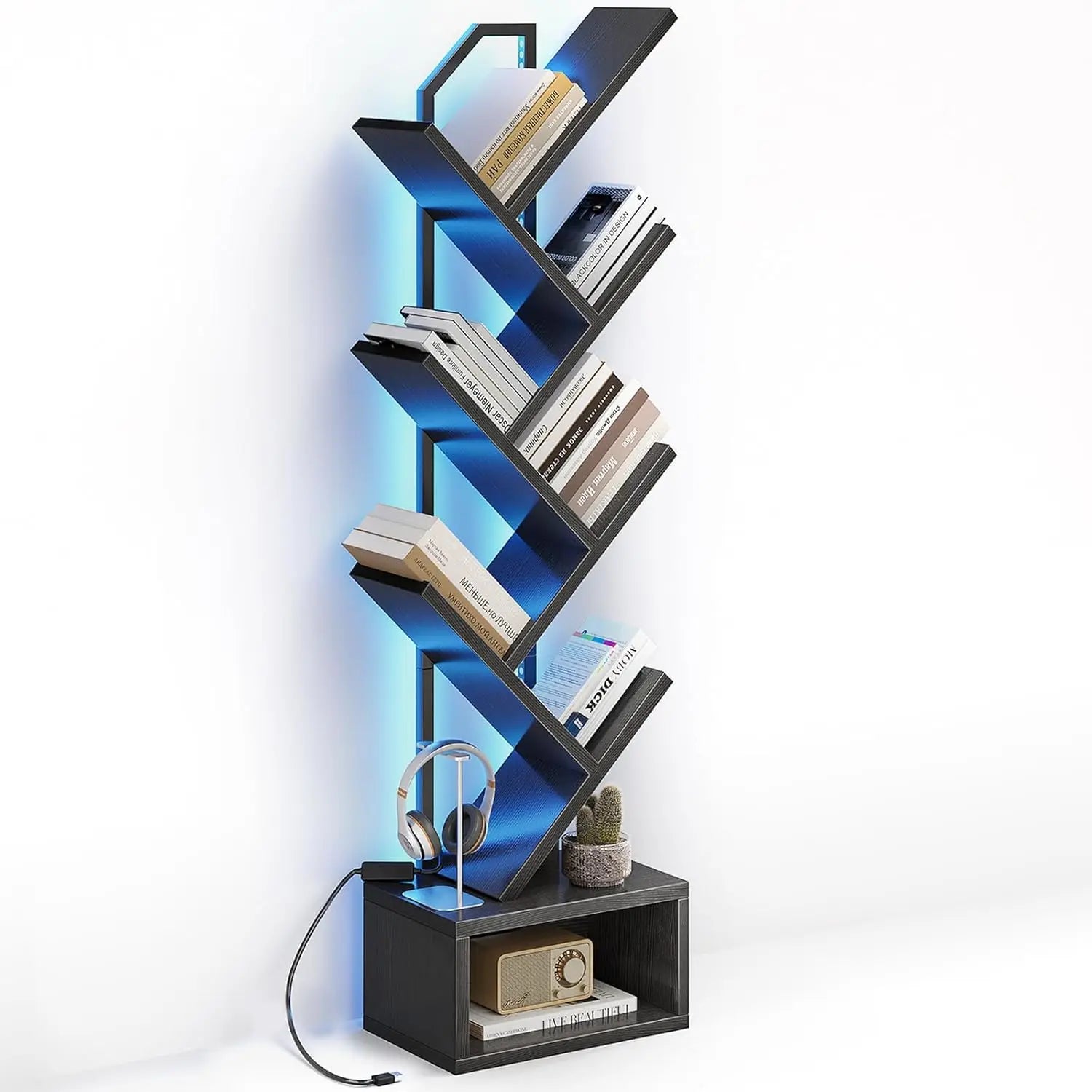 Casaottima 6-Tier Tree Bookshelf, Narrow Steel & Wood Bookcase with Cabinet, Vintage Home Office Organizer