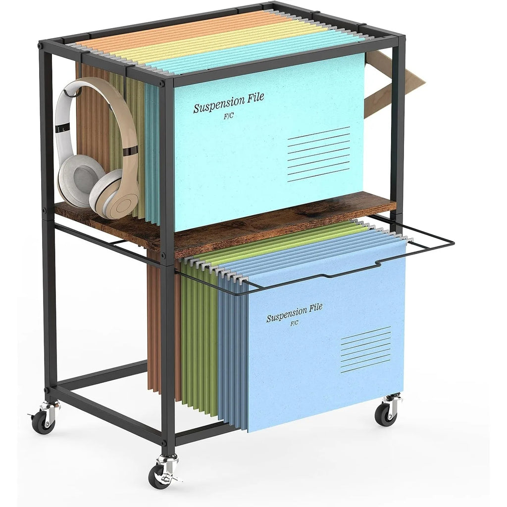 2-Tier Mobile File Cart with Wheels | Letter/Legal Size Pull-Out Rack Organizer for Home & Office | Brown