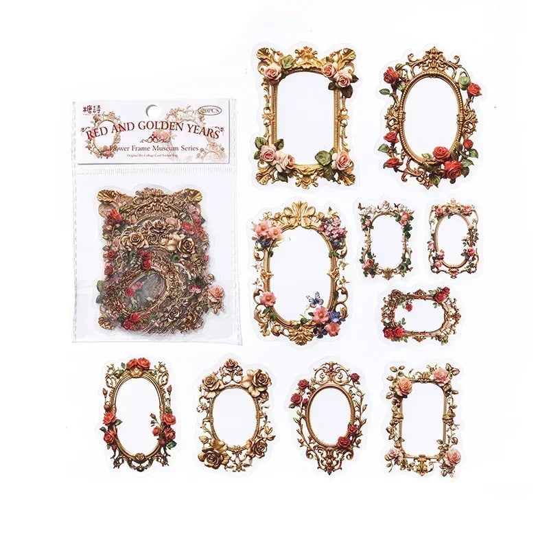 20pcs PET Scrapbooking PET Materials Art  Journal Stickers for Decor Sticker Junk Stationery150*100MM Flowers Frame Collage