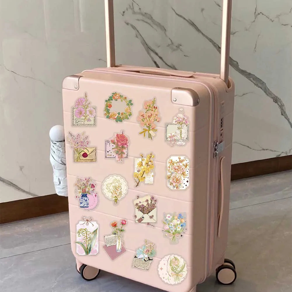 50pcs Gold Stamping Flower Transparent PET Stickers Decals For Phone Scrapbook Luggage Helmet DIY Cartoon Aesthetic Stickers