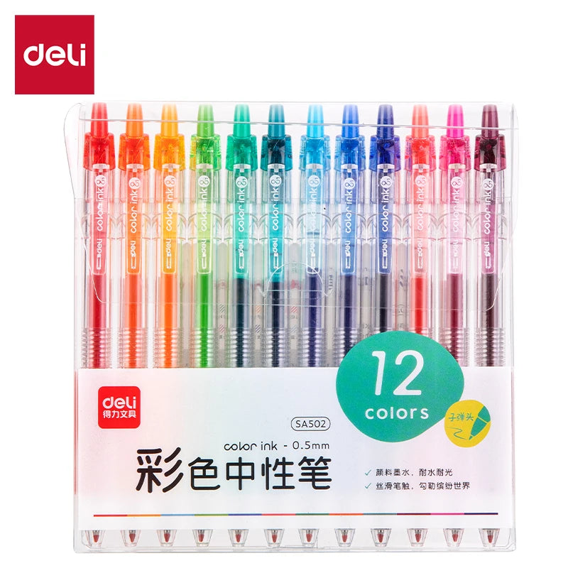 Deli 6/12 Color Gel Pen Set 0.5mm Journal Marking Pens for Planning Drawing & School Supplies Smooth Writing Gel Ink Pens