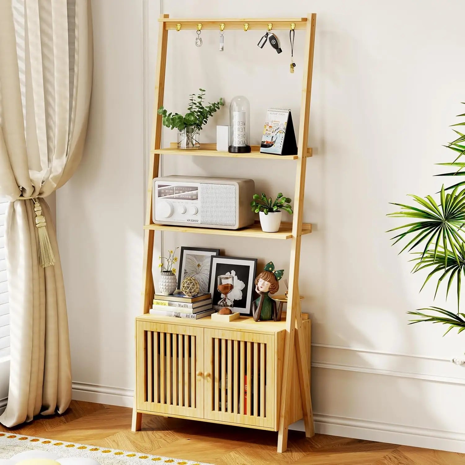 4-Tier Bamboo Bookcase with Drawers & Hooks Narrow Ladder Shelf 24.8x10.6x59.5in Storage Organizer Home Office, Customized
