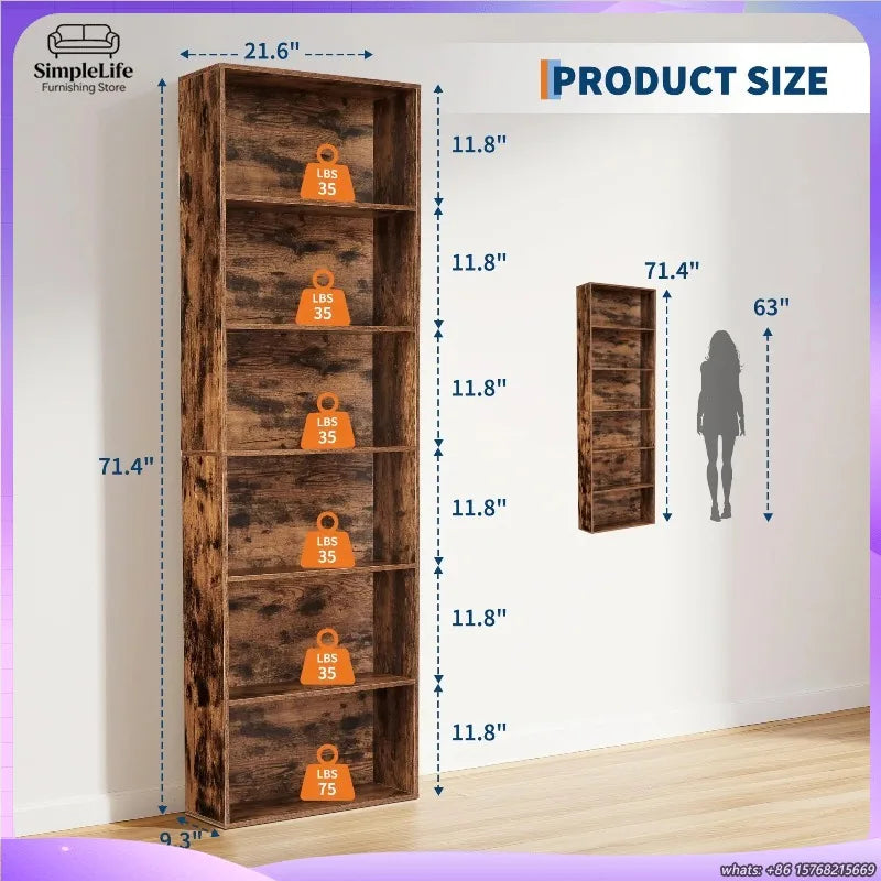 6 Shelf Tall Bookcase 71.4 Inch Wood Bookshelf Industrial Rustic Style Home Office Storage Organizer Sturdy 6 Tier Shelving