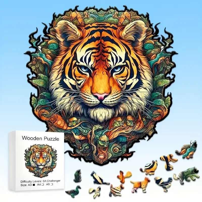Tiger Wooden Jigsaw Puzzle, Uniquely Irregular Animal Shaped Wooden Stress Relief Toy