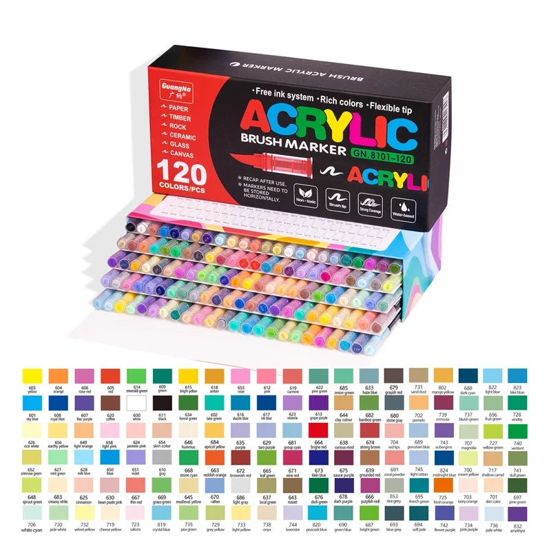 12-120 Colors Waterproof Acrylic Marker Pens with Soft Brush Nib,  Students' Art on Glass, Stone, Metal, Wood, Plastic &Paper