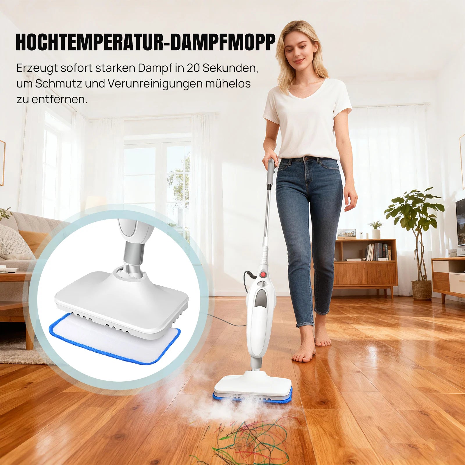 1500 W electric hot steam mop, versatile hand steam cleaner with 2 washable microfiber cloths