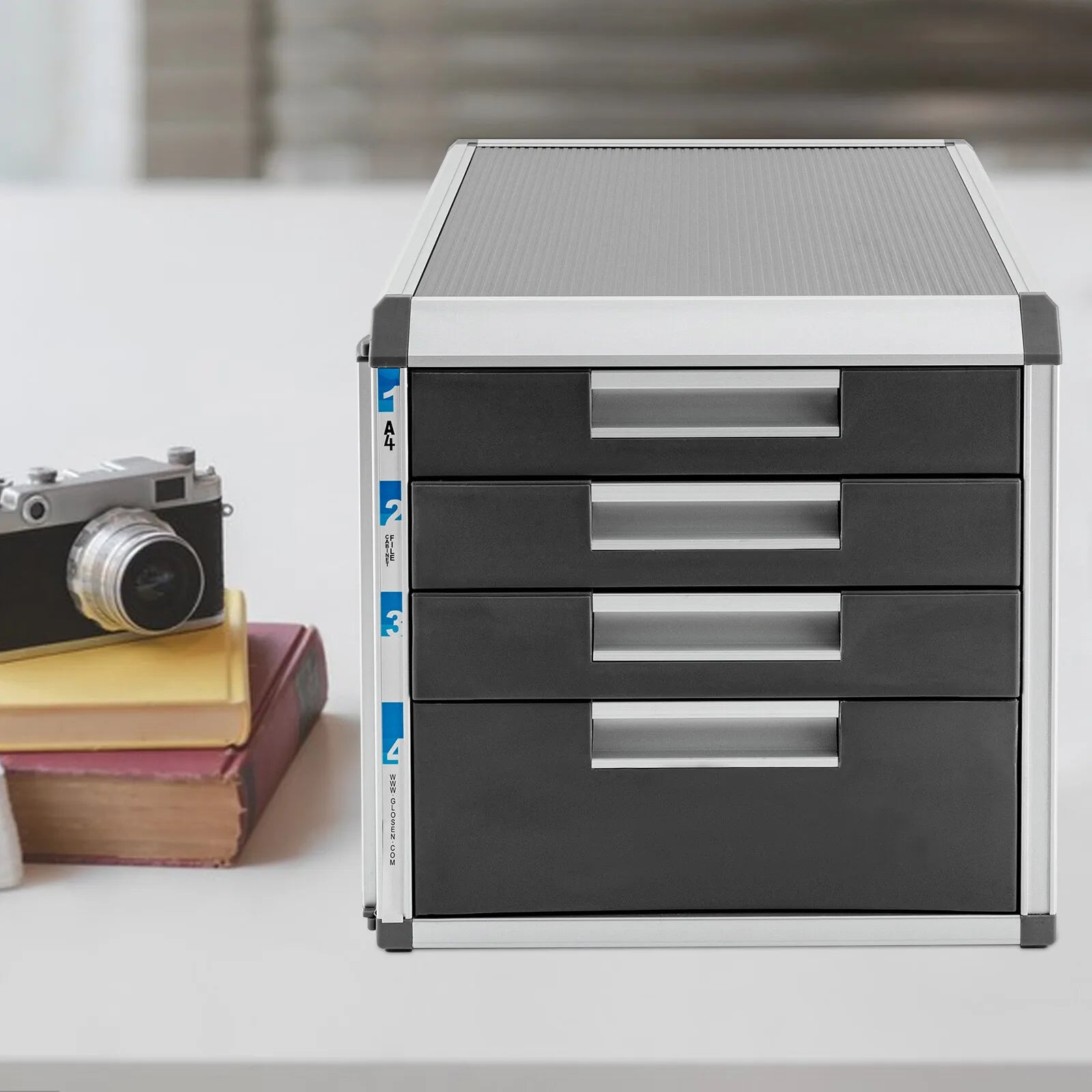 4-Layer Desktop Drawer Organizer Books File Locking Storage Cabinet Aluminum Alloy & MDF Stylish Office Storage Solution