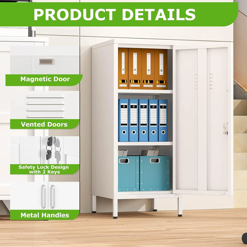 35" White Metal Locker, Lockable Employee Storage Cabinet with Adjustable Shelves for Home School Office Gym