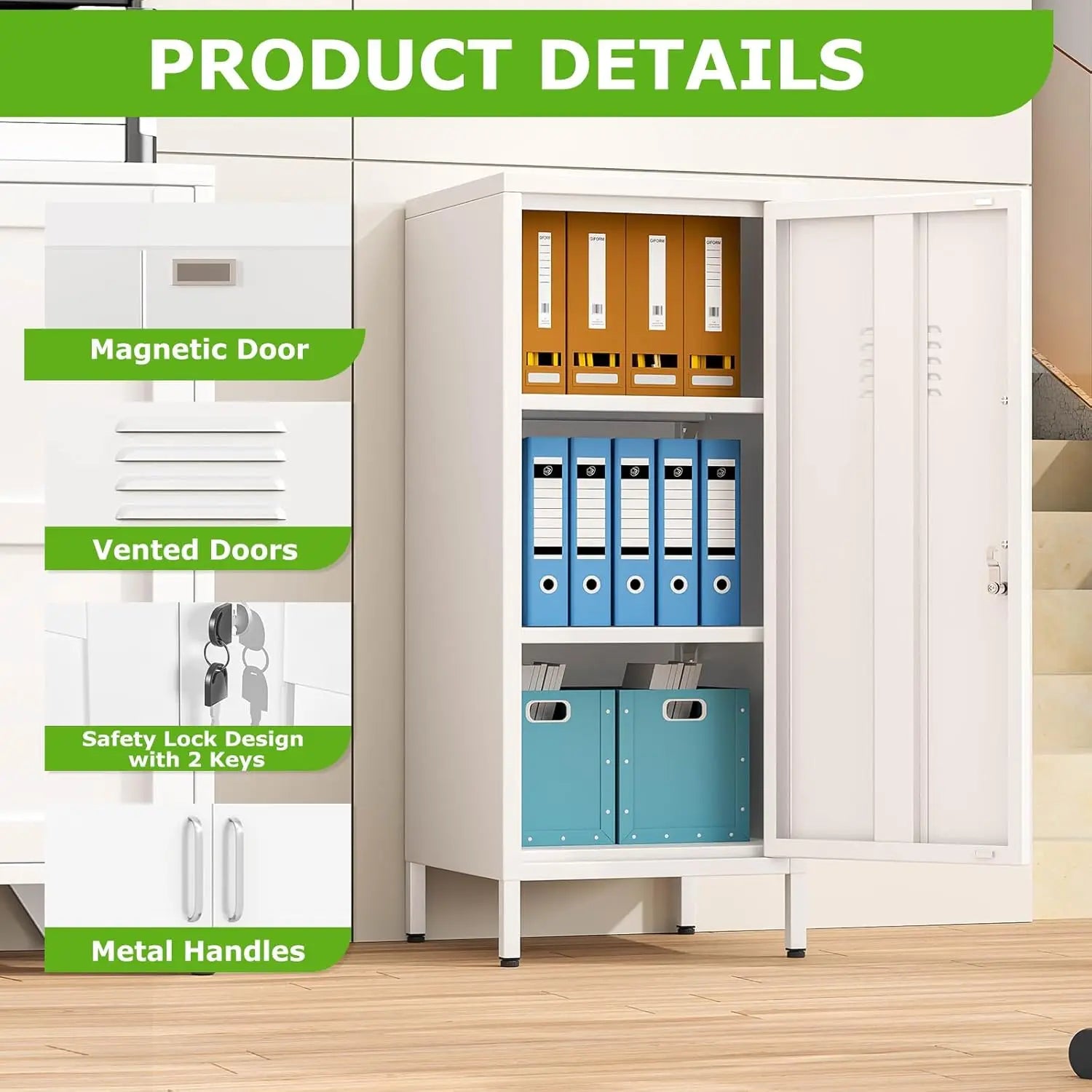 35" White Metal Locker, Lockable Employee Storage Cabinet with Adjustable Shelves for Home School Office Gym