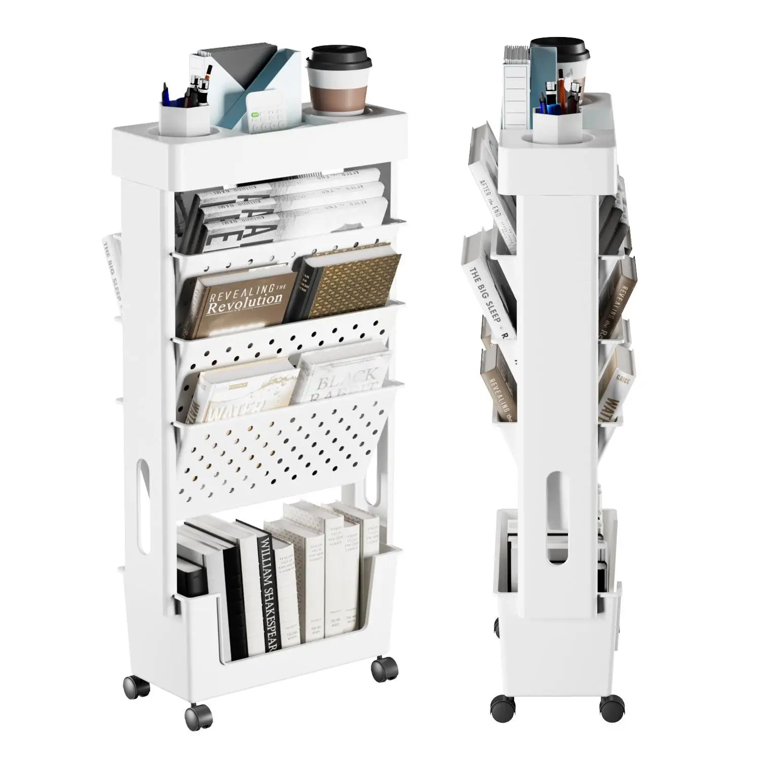 5-Tier Removable Magazine Newspaper Storage Rack, Book Storage Rack With Wheels Tableside Bookshelf For School Classroom Office