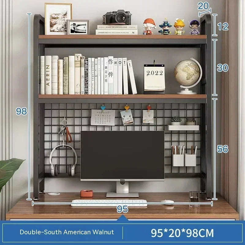 Home Furniture Desktop Multi-Layer Wrought Iron Shelf Bookcase With Grid Bookshelf Table Hole Board Table Wooden Shelves Student