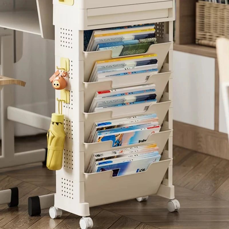 Mobile Bookshelf with Wheels Student Desk Organizer Office Book Storage Stand Layered Floor Standing Shelf for Home And Office