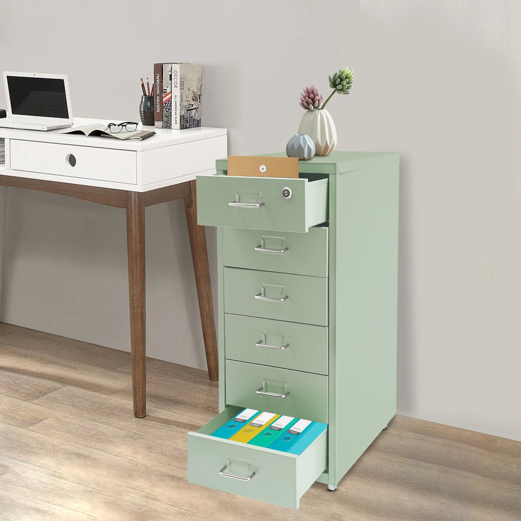 Metal File Cabinet, 6-Tier File Organizer with Lock&Wheels, Light Green, Office Storage Cabinet for Documents, Crafts